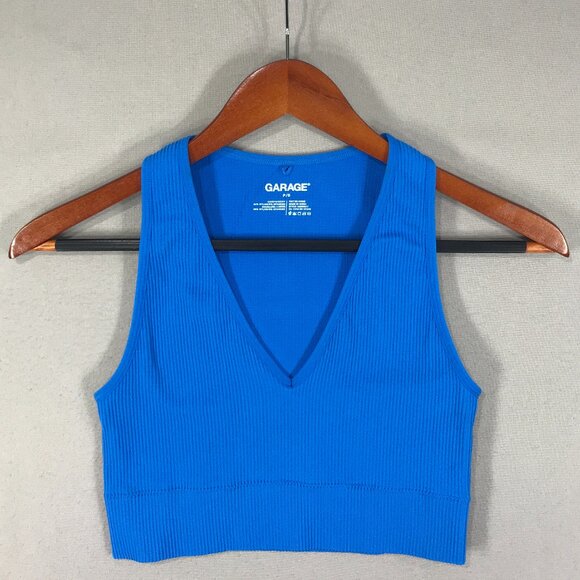 Garage Tank Top Women's Small Blue Pullover Cropped V-Neck Ribbed Athleisure Gym - Picture 1 of 7